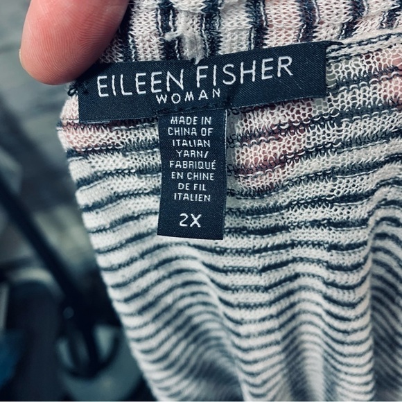 EILEEN Fisher Organic Linen Blend Striped Open Cardigan Sweater White Gray 1-2XL - Picture 13 of 13